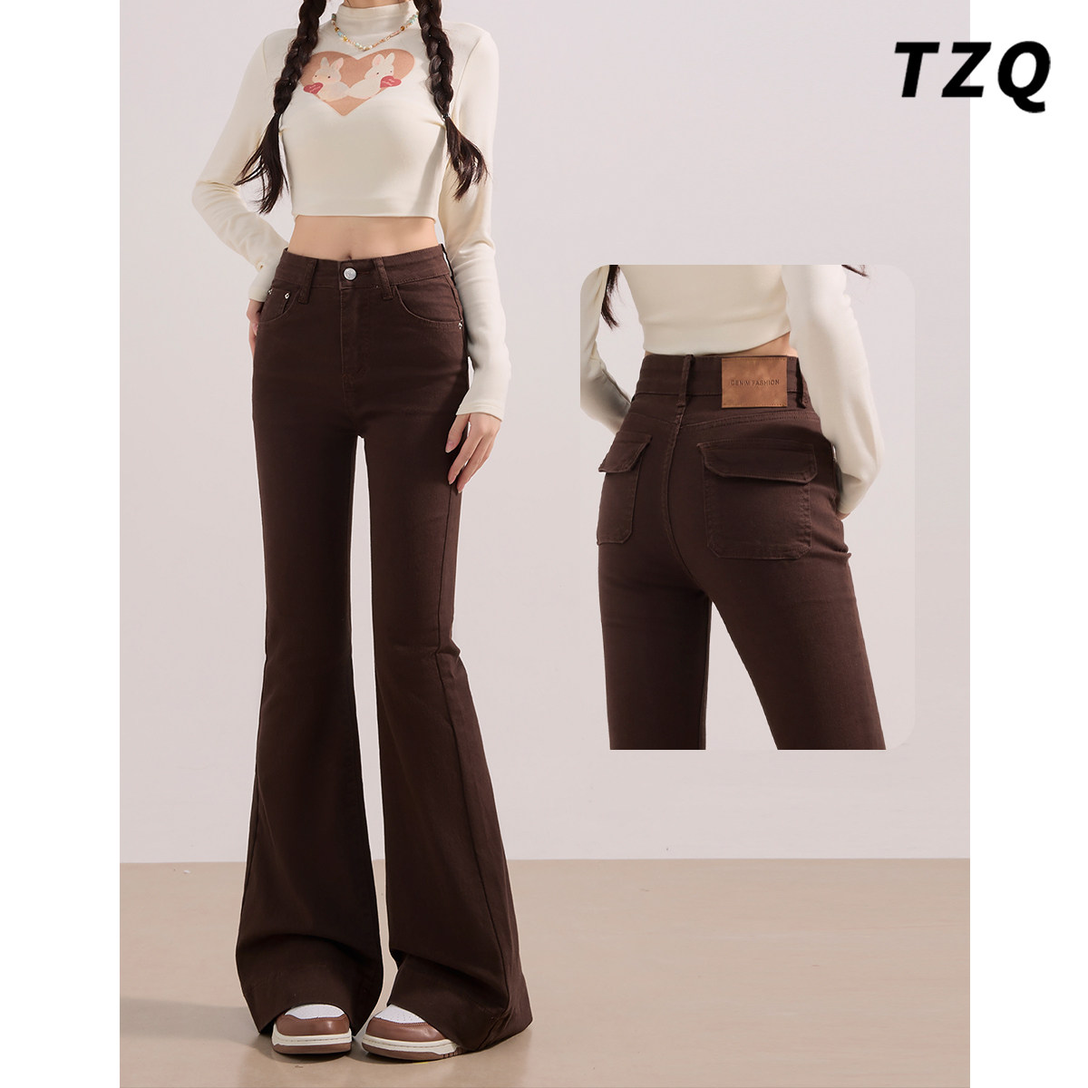 咖啡色不贴腿微喇牛仔裤