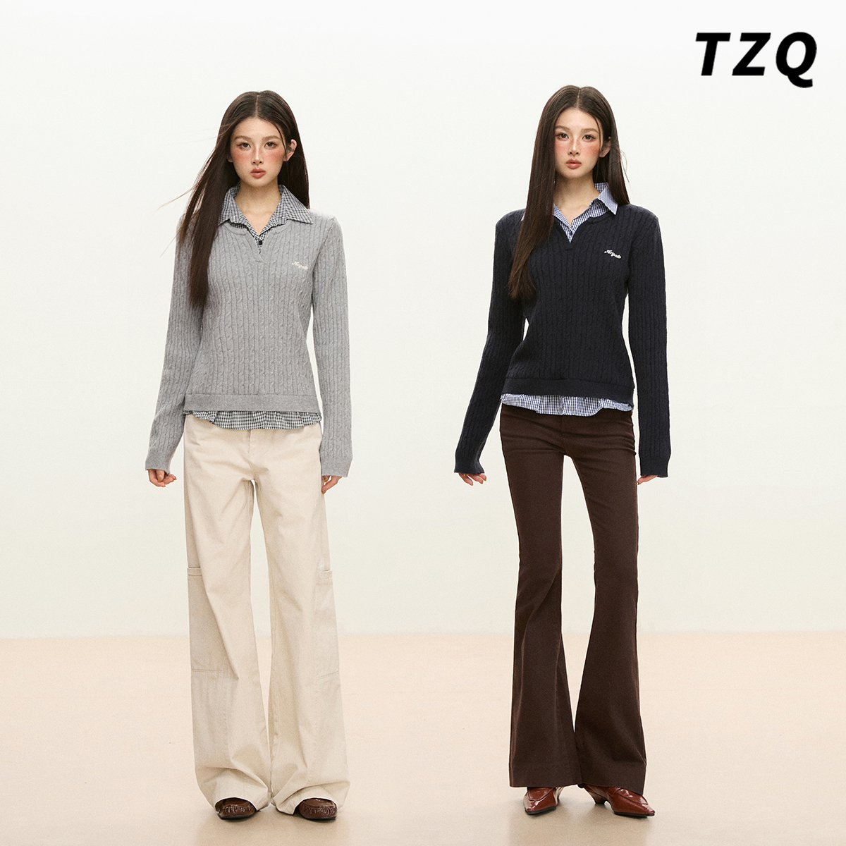 翻领正肩长袖针织衫上衣女