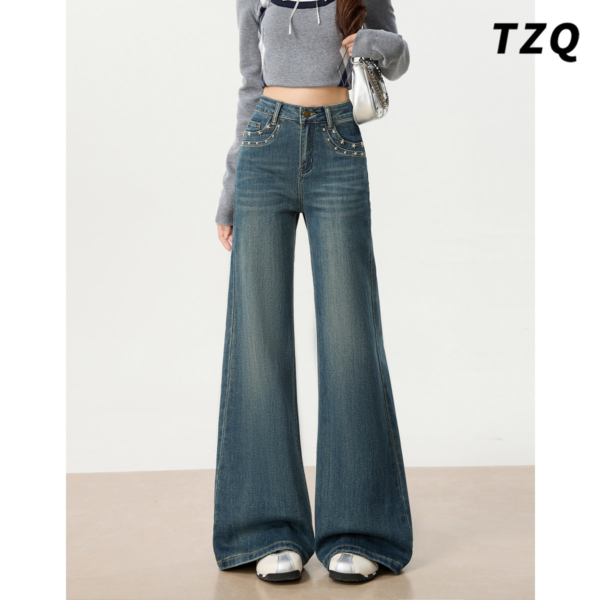 复古设计感高腰微喇牛仔裤女