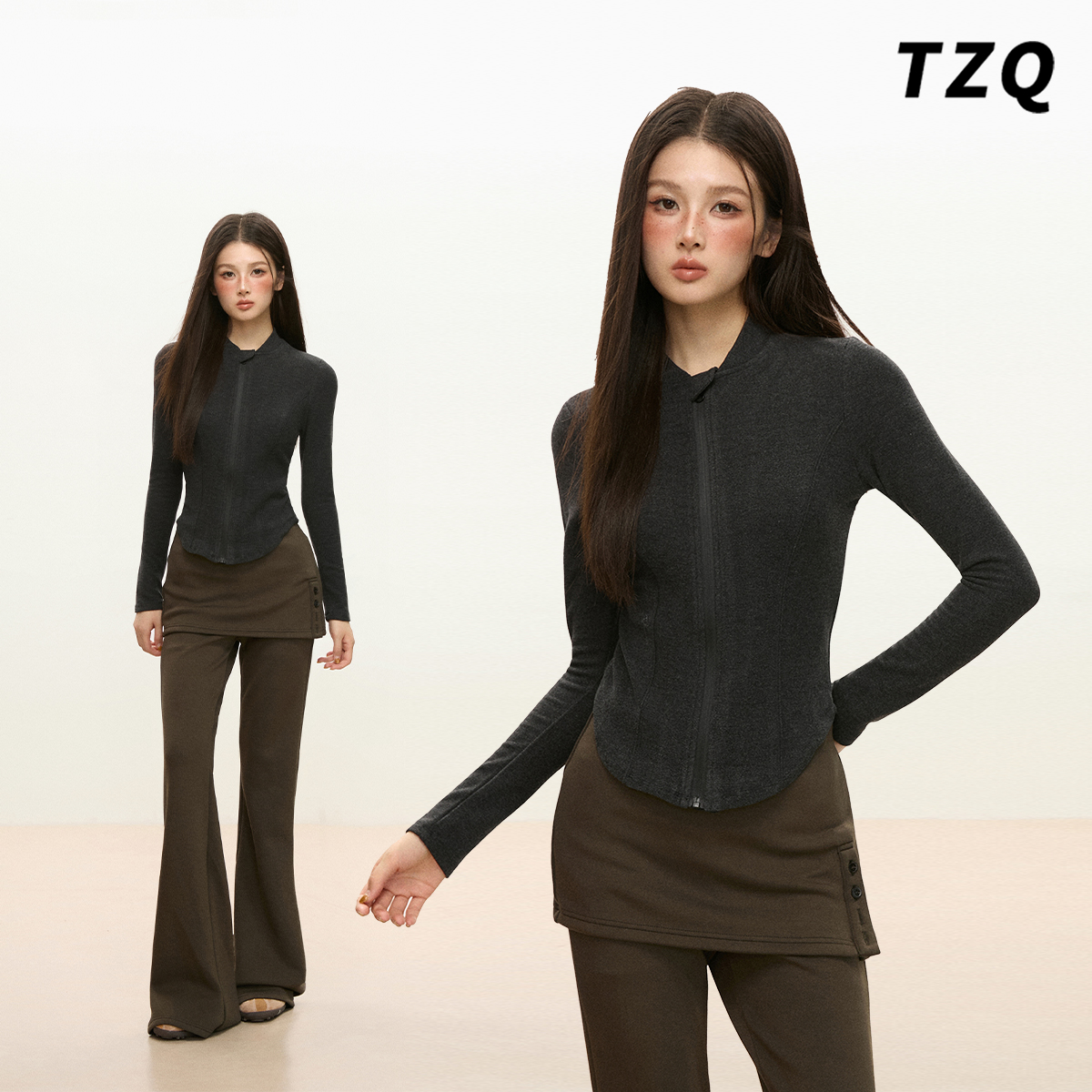 深灰色立领拉链开衫T恤