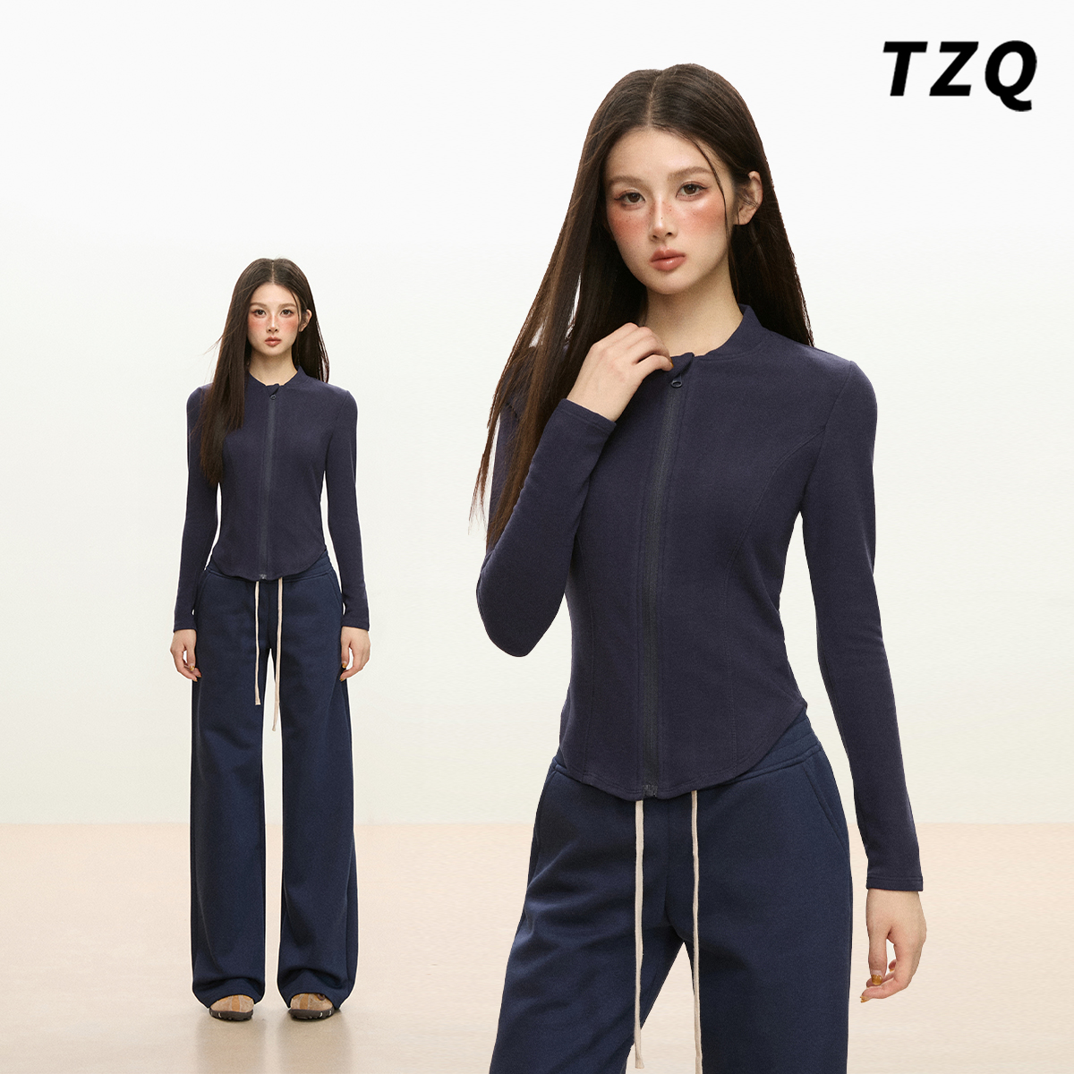 藏青色设计感拉链开衫T恤