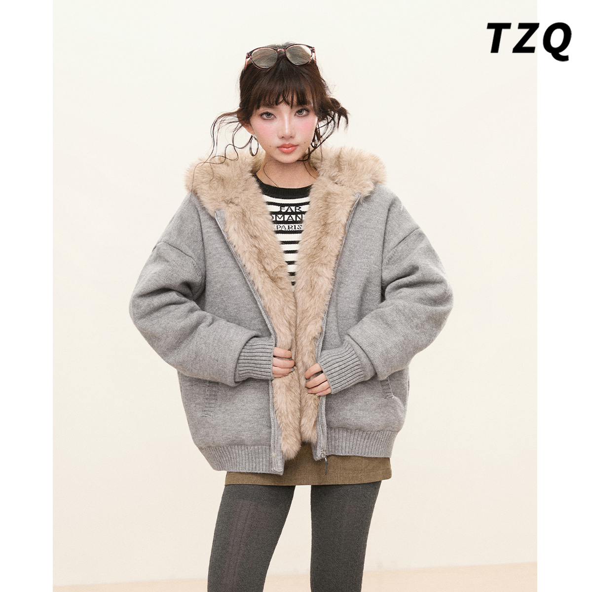 灰色甜美连帽加绒加厚短款棉服女