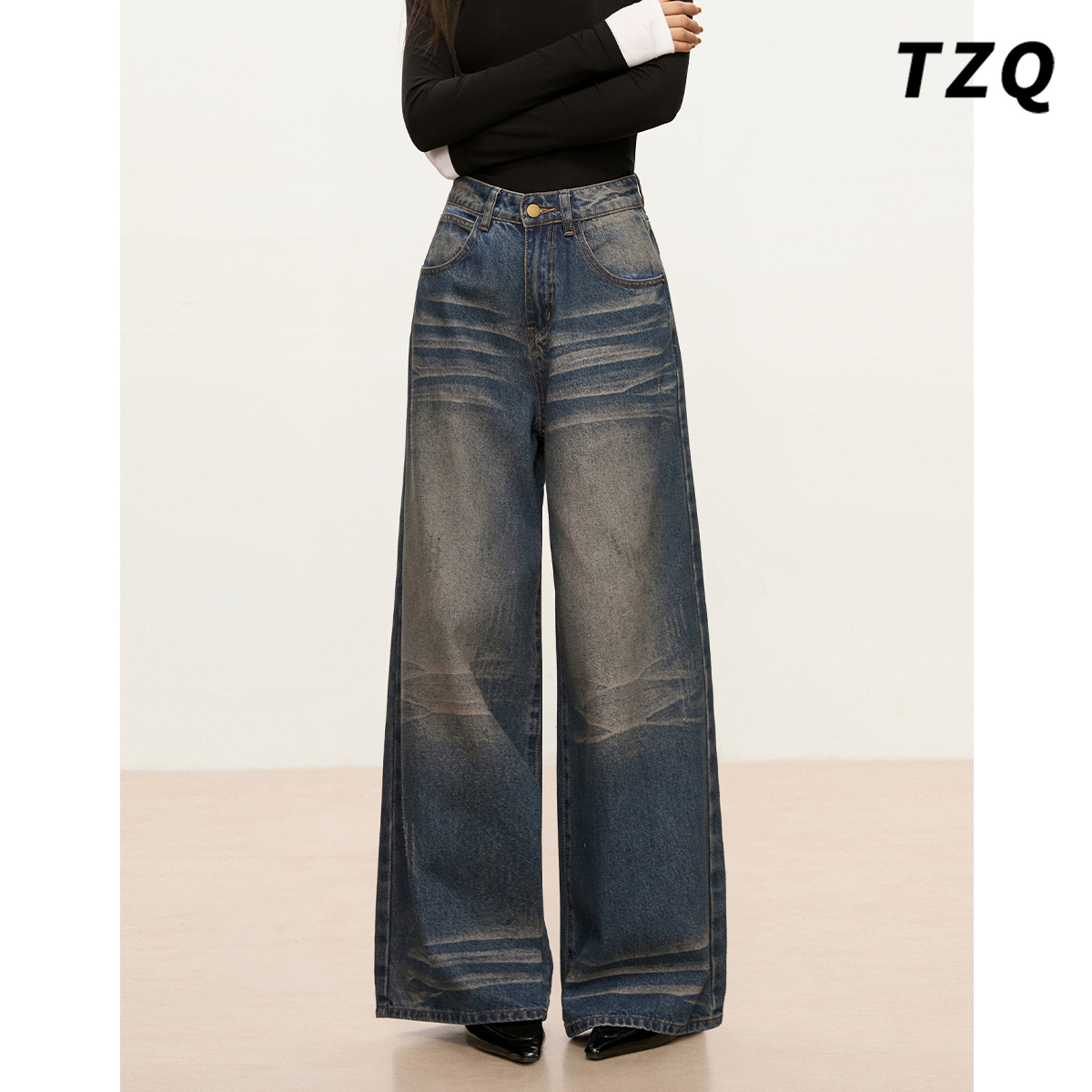 复古水洗阔腿牛仔裤女
