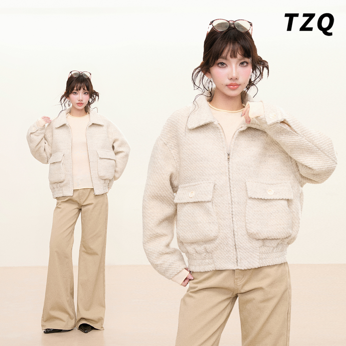 甜美翻领毛呢短外套女2025