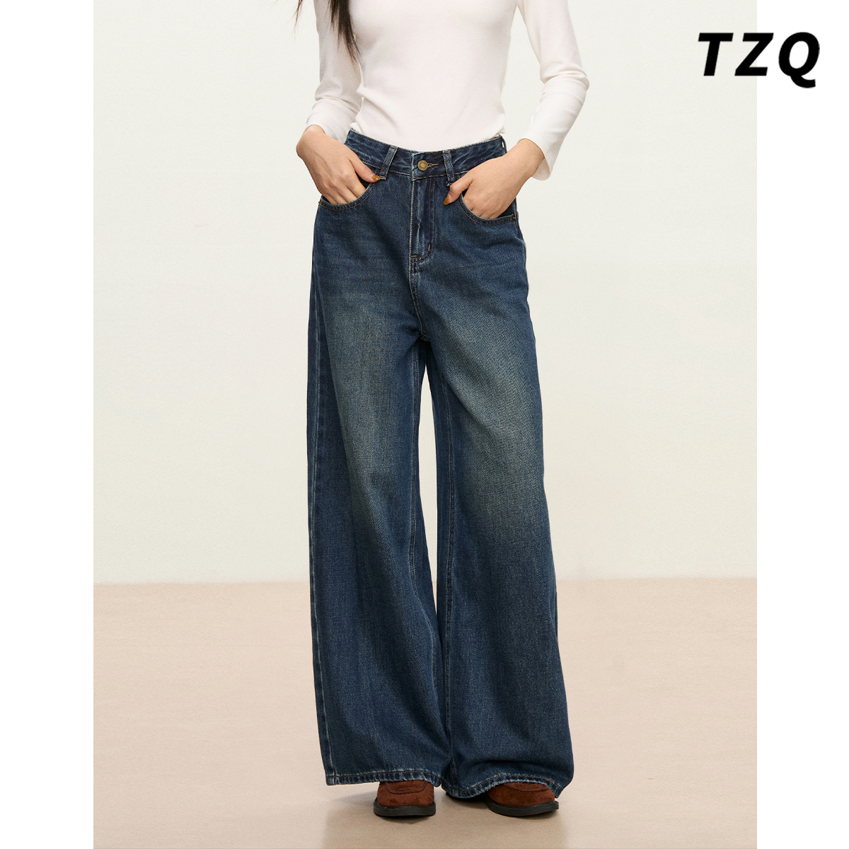 复古水洗阔腿牛仔裤女2025新款