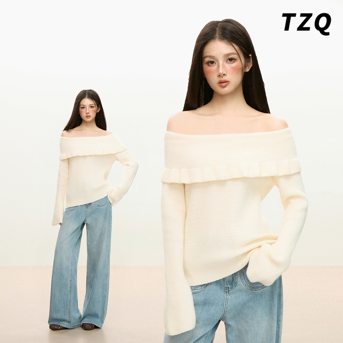 荷叶边一字肩杏色内搭针织打底衫