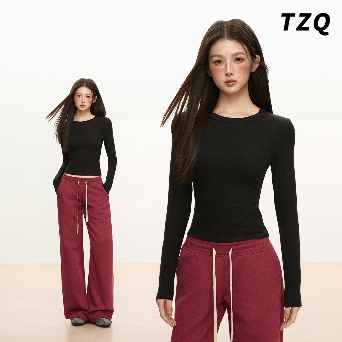 少女风黑色打底衫女圆领长袖t恤