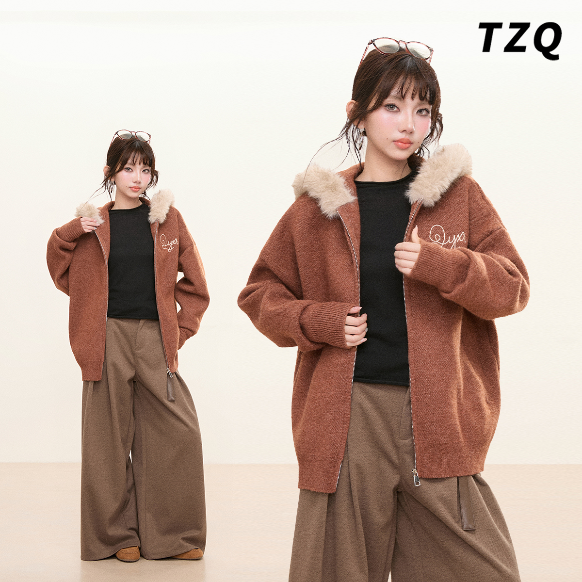 棕色拉链毛领加厚针织开衫女