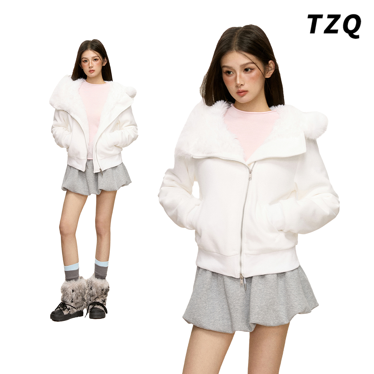 甜美风白色毛领连帽卫衣外套女