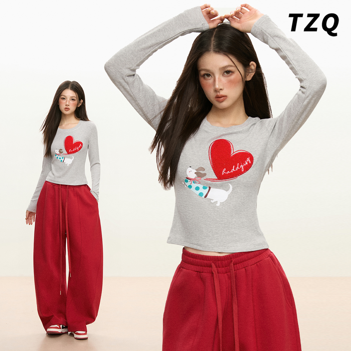 爱心小狗圆领正肩长袖T恤