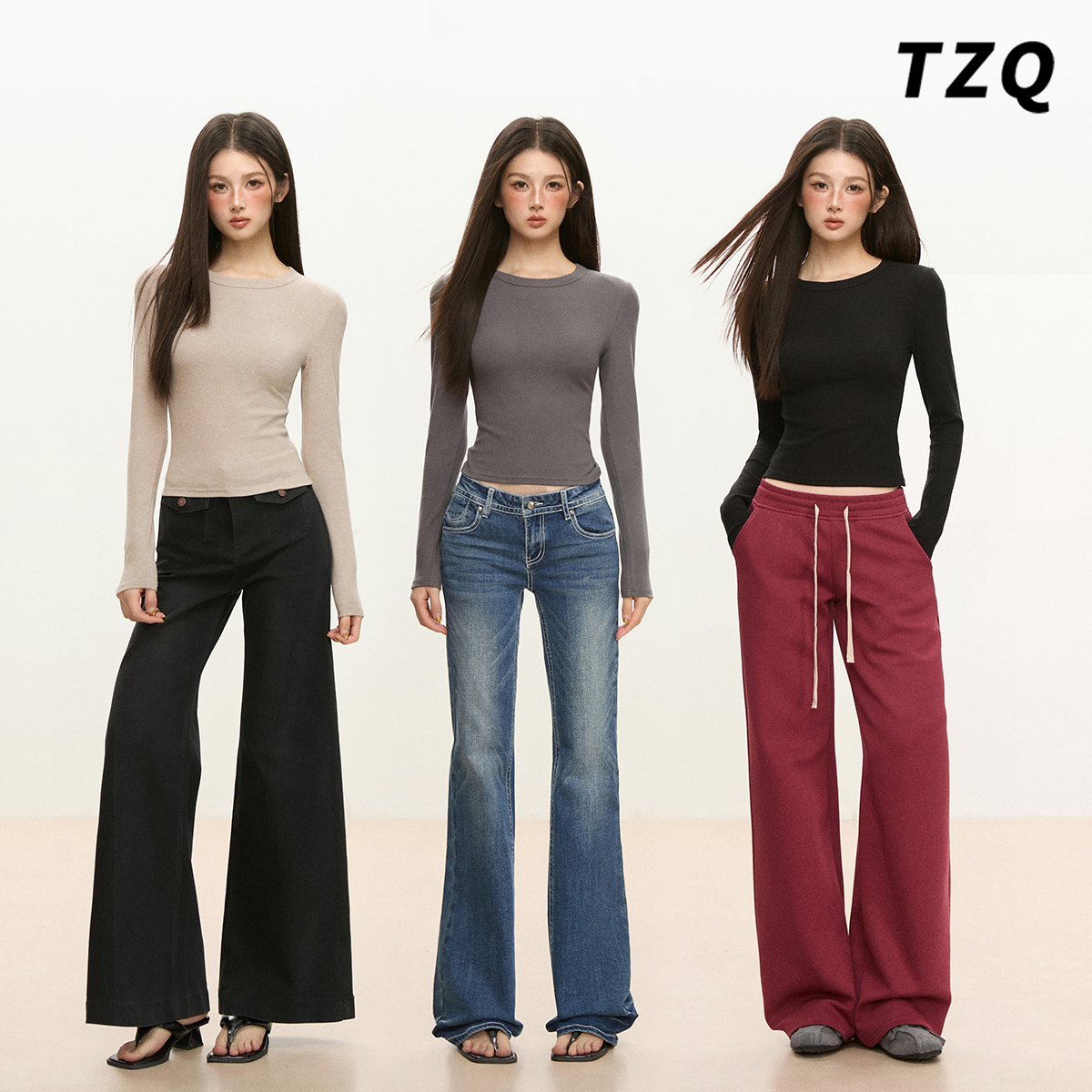 美式纯色圆领正肩长袖t恤