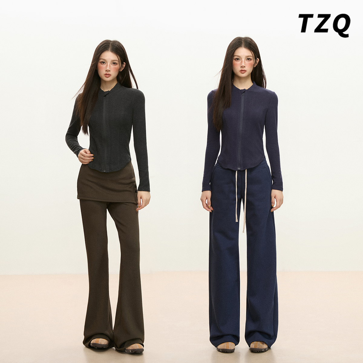 设计感紧身拉链开衫T恤女