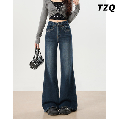 复古蓝高腰不贴腿微喇牛仔裤