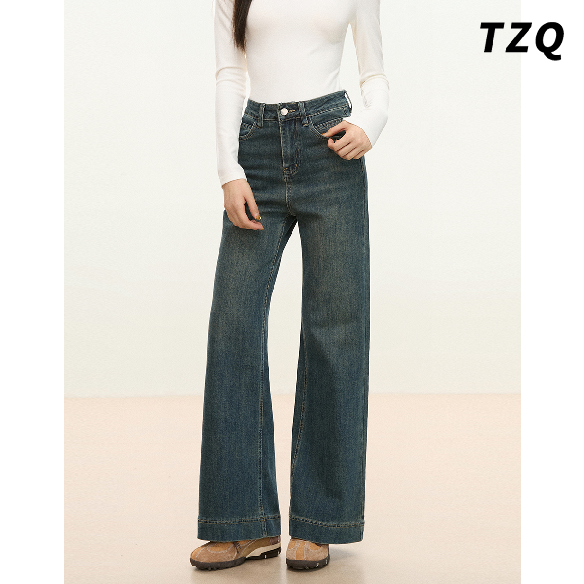 小个子加绒高腰宽松直筒牛仔裤女