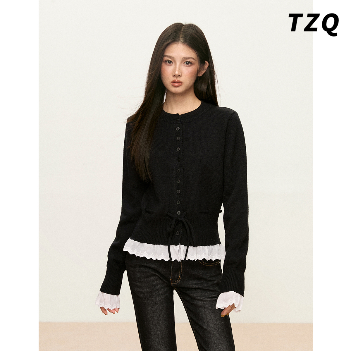 拉夏贝尔蕾丝拼接针织开衫