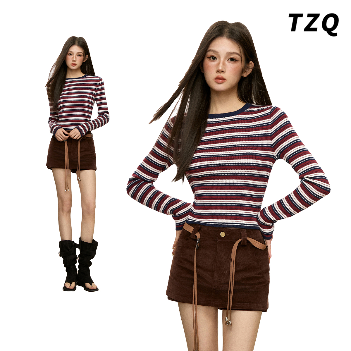 韩版条纹长袖T恤女2025冬季新款