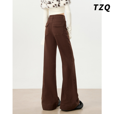 美式咖色绒款宽松微喇牛仔裤