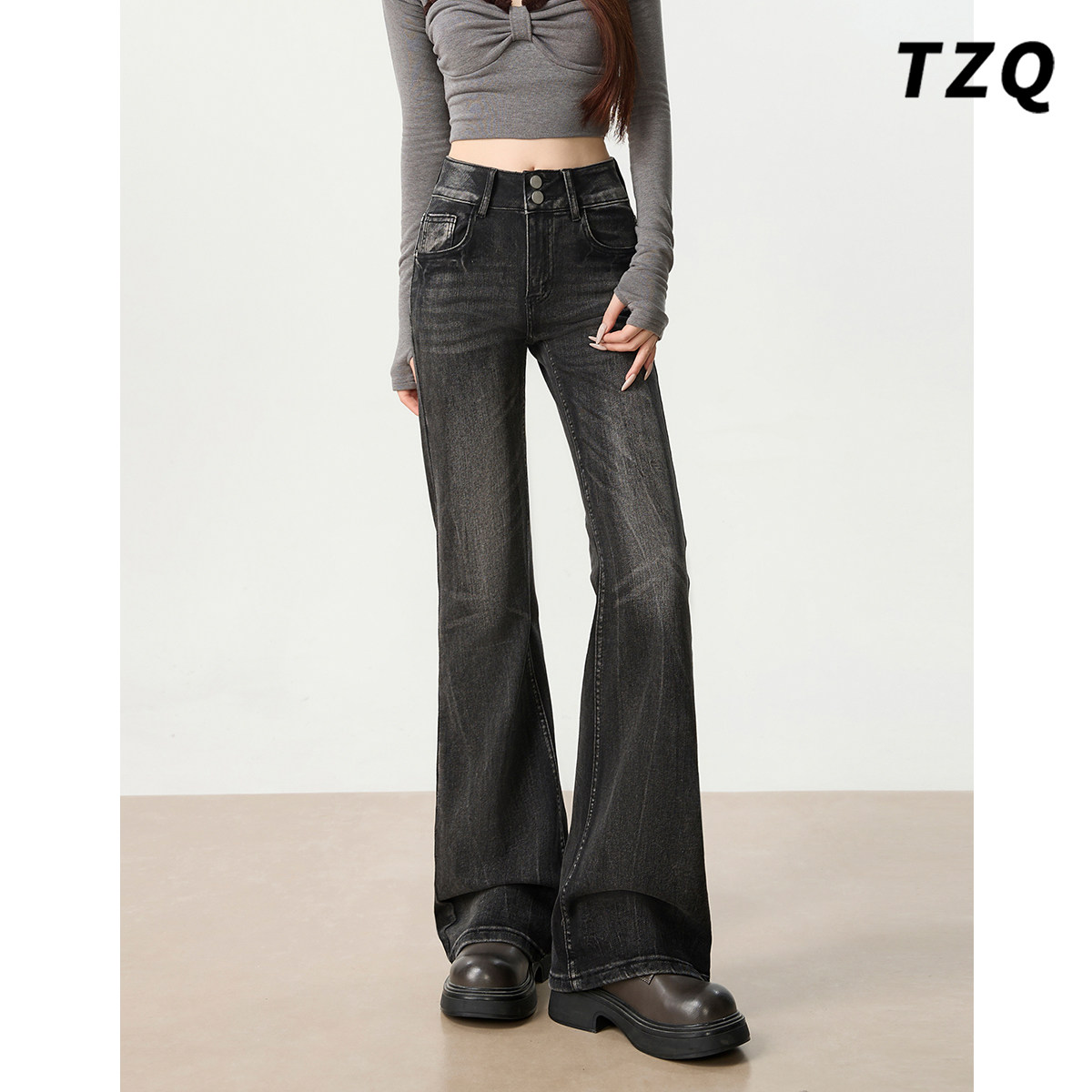 复古黑灰色微喇牛仔裤女