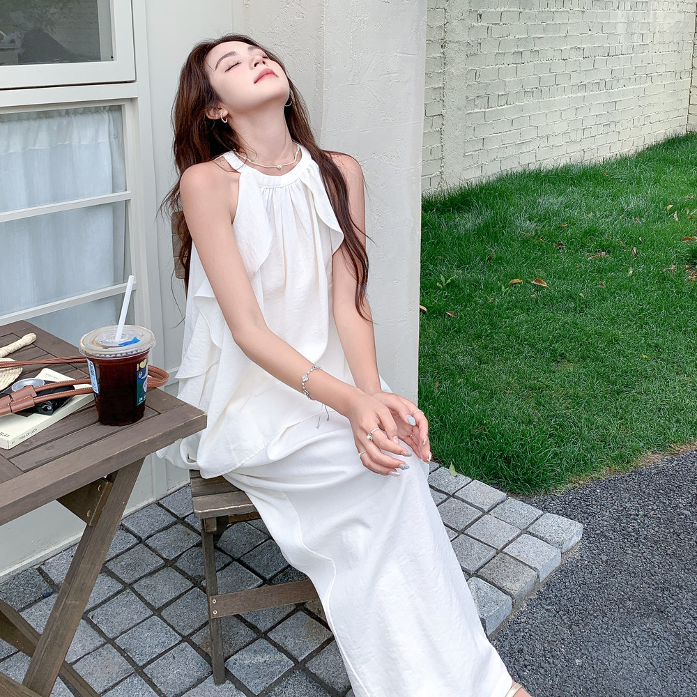 米白色荷叶边挂脖上衣套装女2025夏季新款高级感气质阔腿裤两件套,女装套装/套裙,唛多