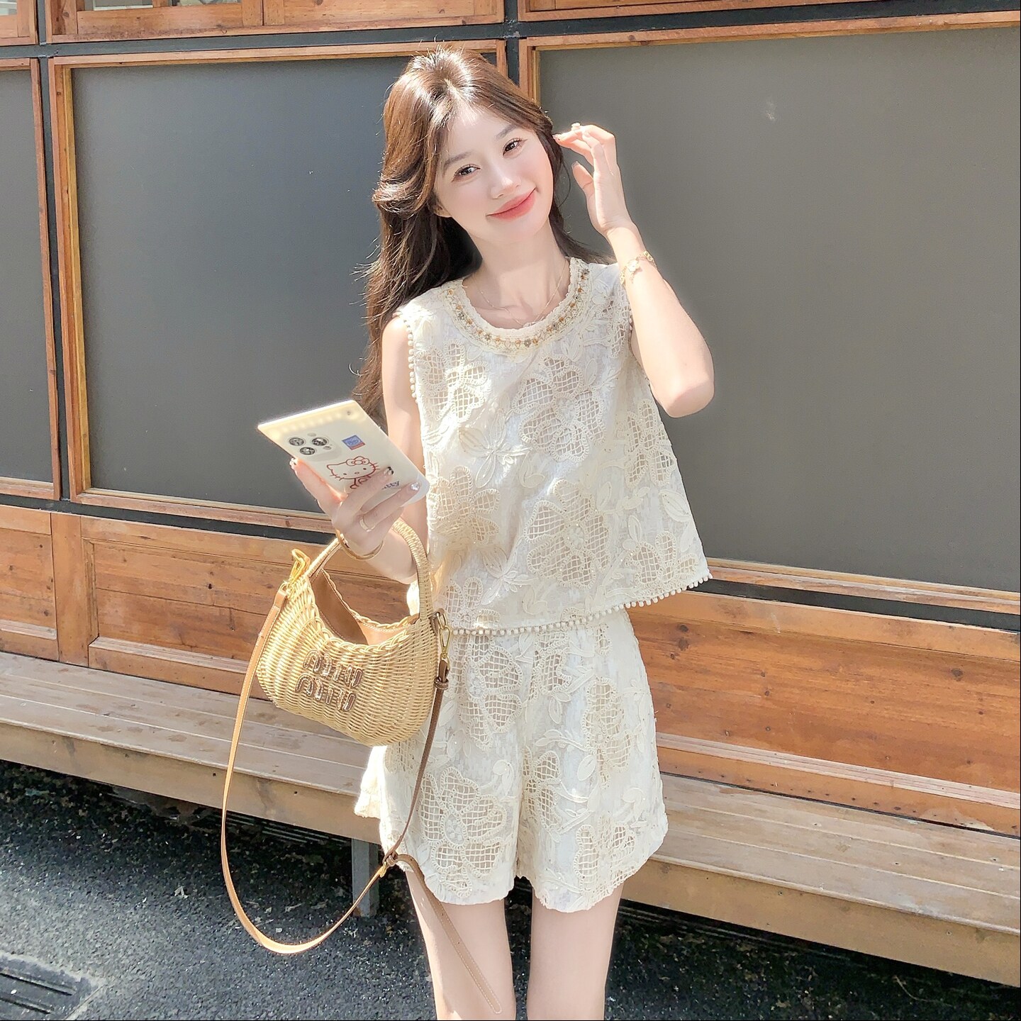 2026夏季现货设计感法式背心+短裤蕾丝套装#25162-P175K258,女装套装/套裙,唛多