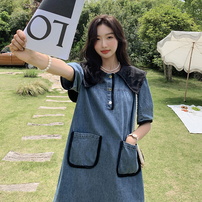 学院风海军领牛仔连衣裙女夏季2025新款设计感温柔风别致独特裙子图片