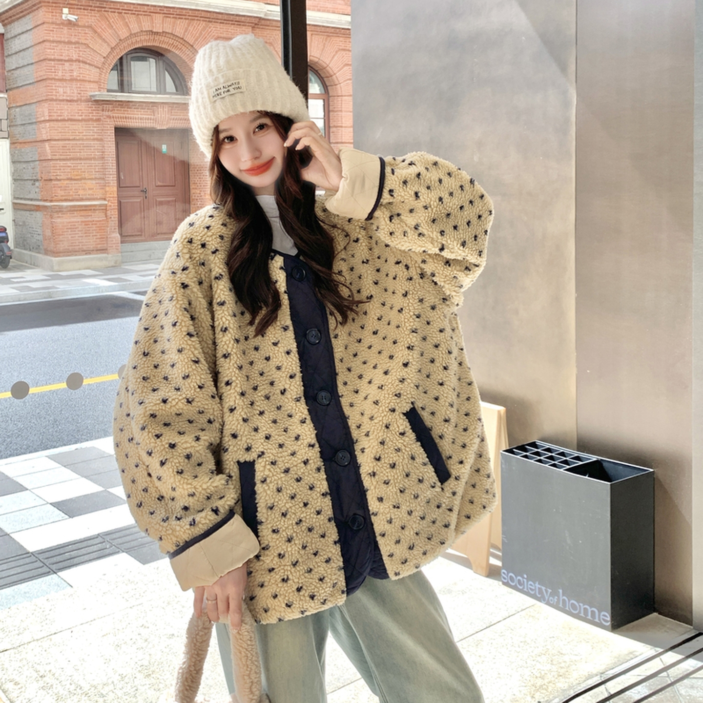 2025冬季新款现货~点点羊羔毛两面穿棉衣#25179-p185-K278，女装皮草，唛多
