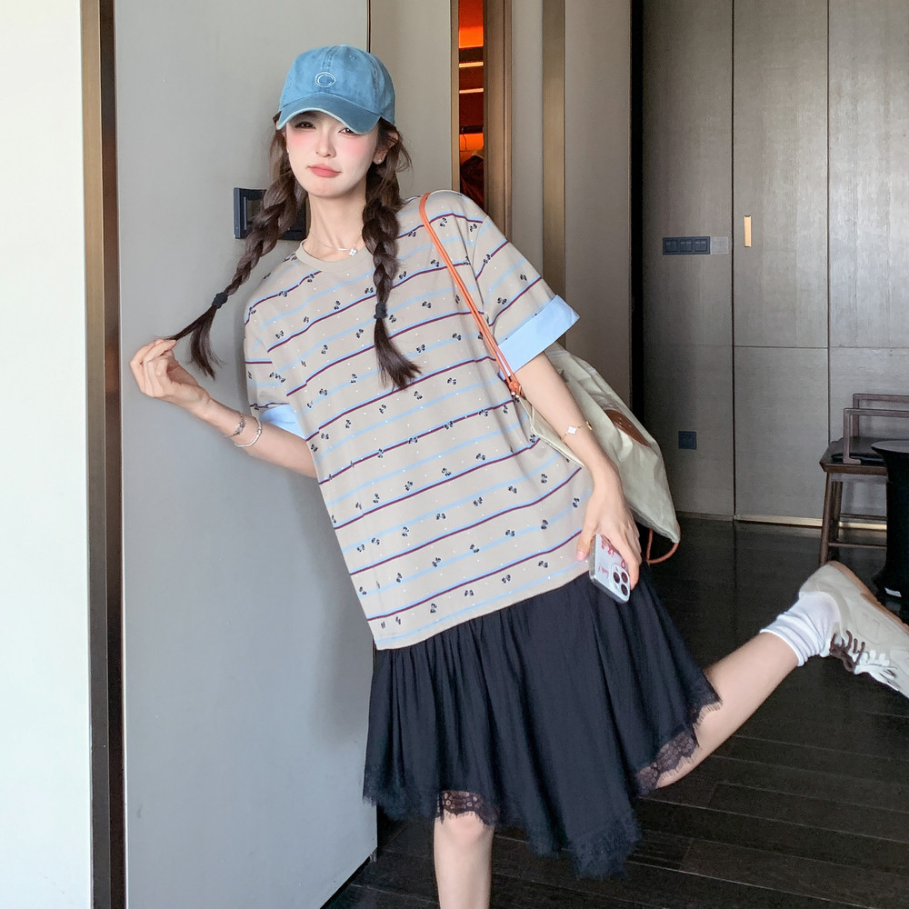 休闲减龄韩系连衣裙女2025夏新款蕾丝花边假两件拼接条纹短袖裙子,女装连衣裙,唛多