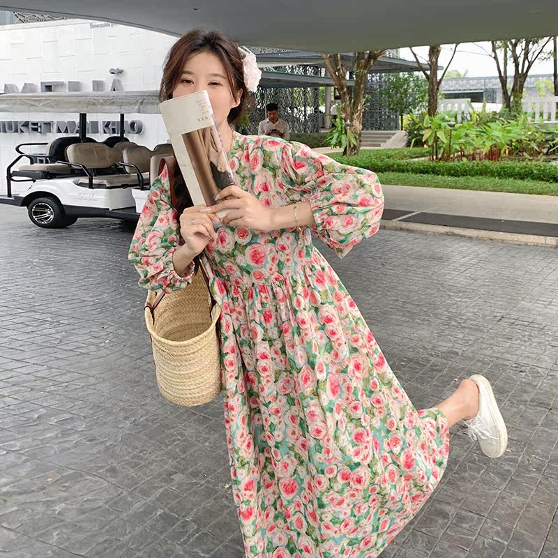 法式复古优雅泡泡袖连衣裙女2025春夏季新款收腰显瘦碎花度假长裙,女装连衣裙,唛多