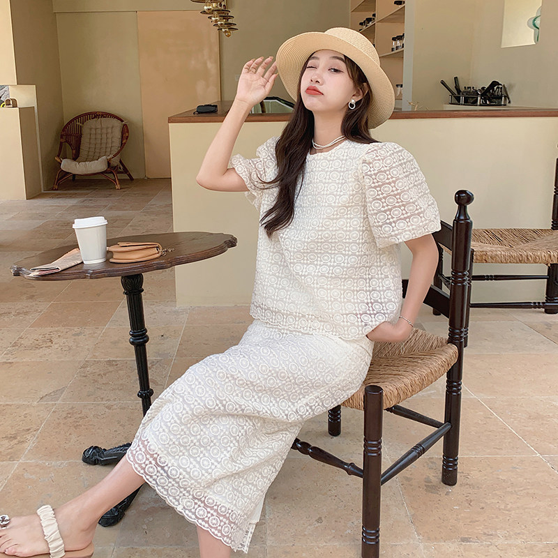 法式复古蕾丝裙子套装女2025夏季新款温柔风气质上衣半身裙两件套，女装套装/套裙，唛多