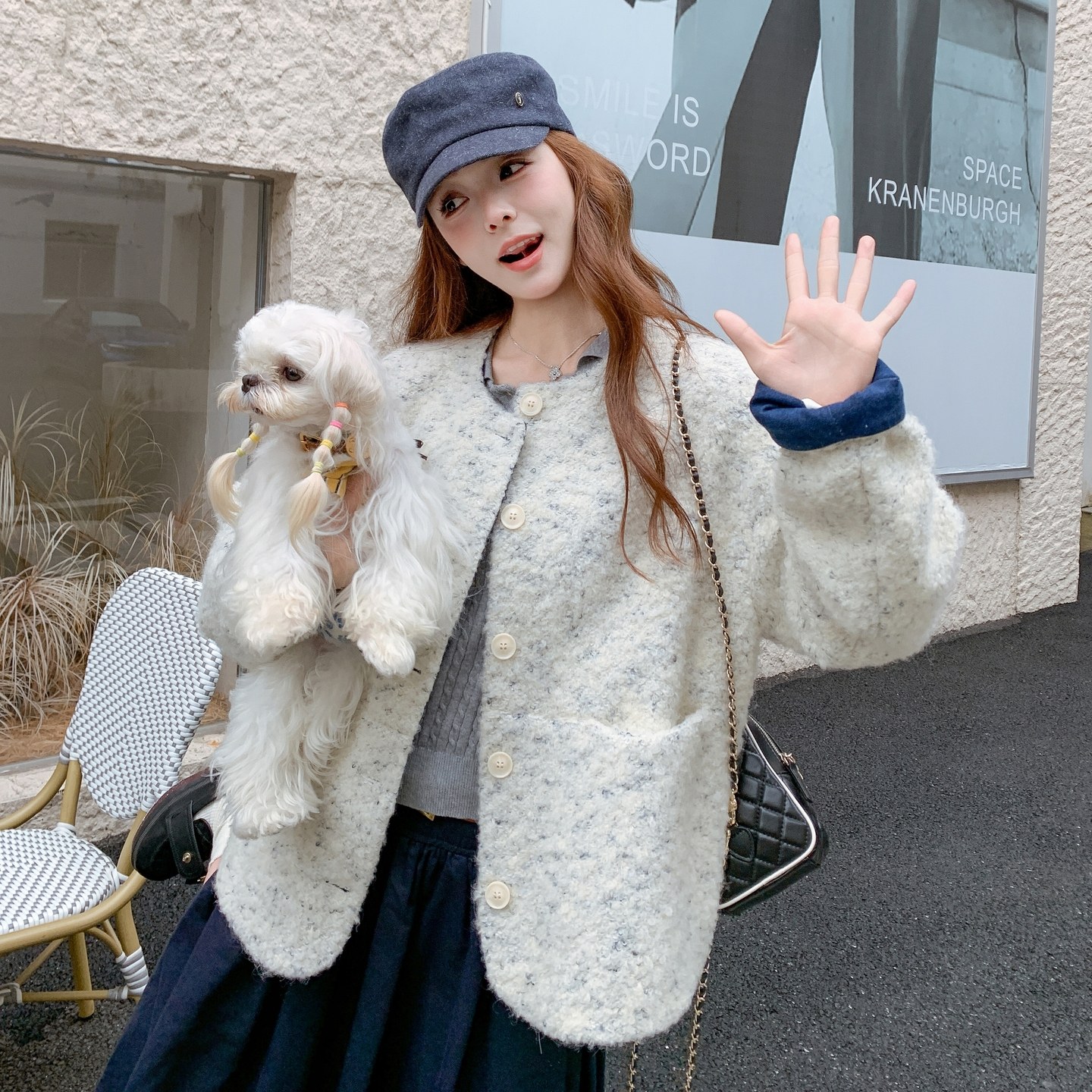 2025冬季新款现货韩系百搭设计感拼接牛仔外套#25187-P175-K258,女装毛呢外套,唛多