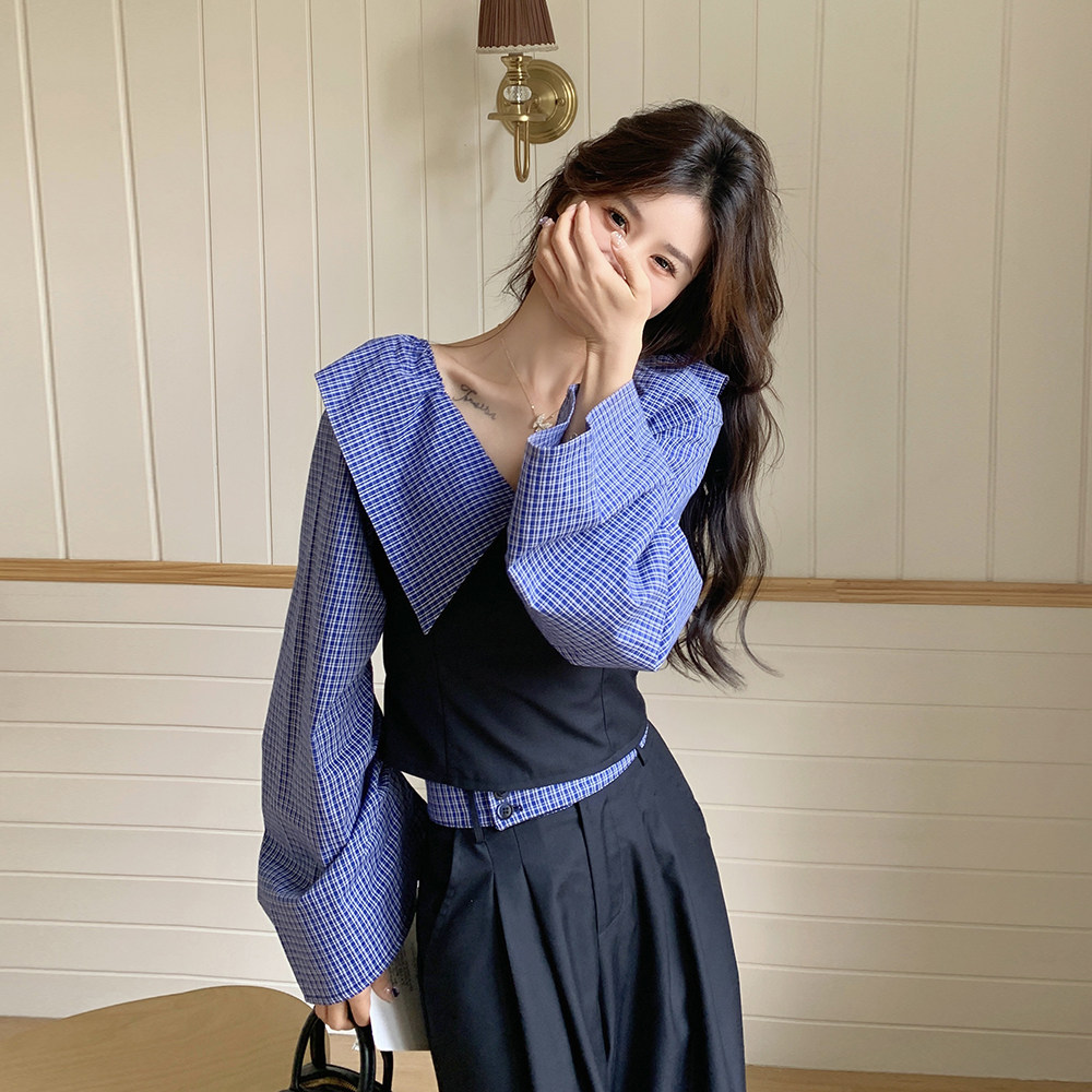 miu系格子拼接休闲套装女2025春夏新款一字肩衬衫阔腿裤两件套潮,女装套装/套裙,唛多
