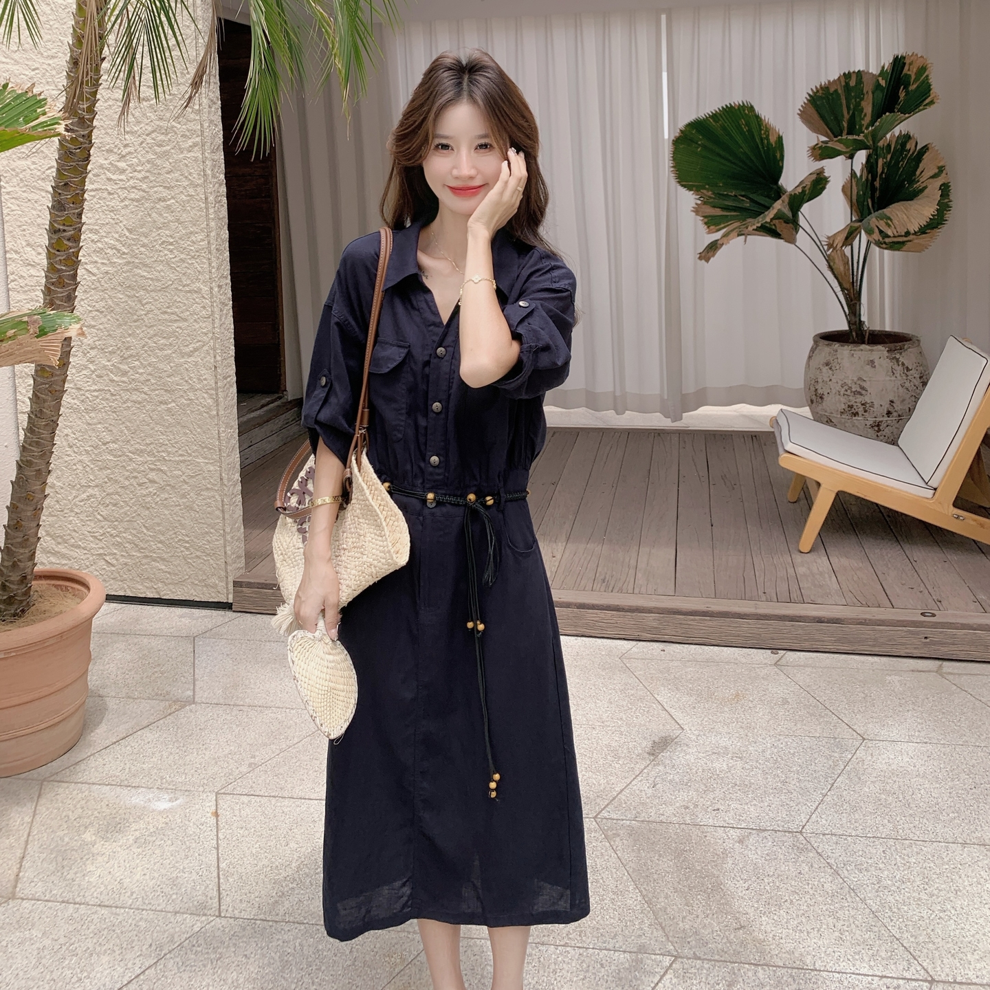 2025夏季新款藏青色天丝麻连衣裙+腰带#25158-P155-K228，女装连衣裙，唛多