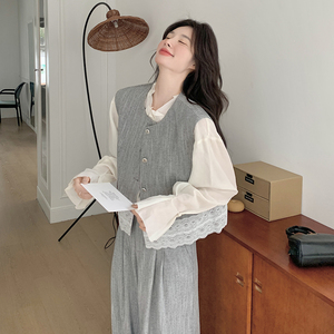 灰色小香风蕾丝拼接马甲套装女2025春季新款气质穿搭阔腿裤两件套图片