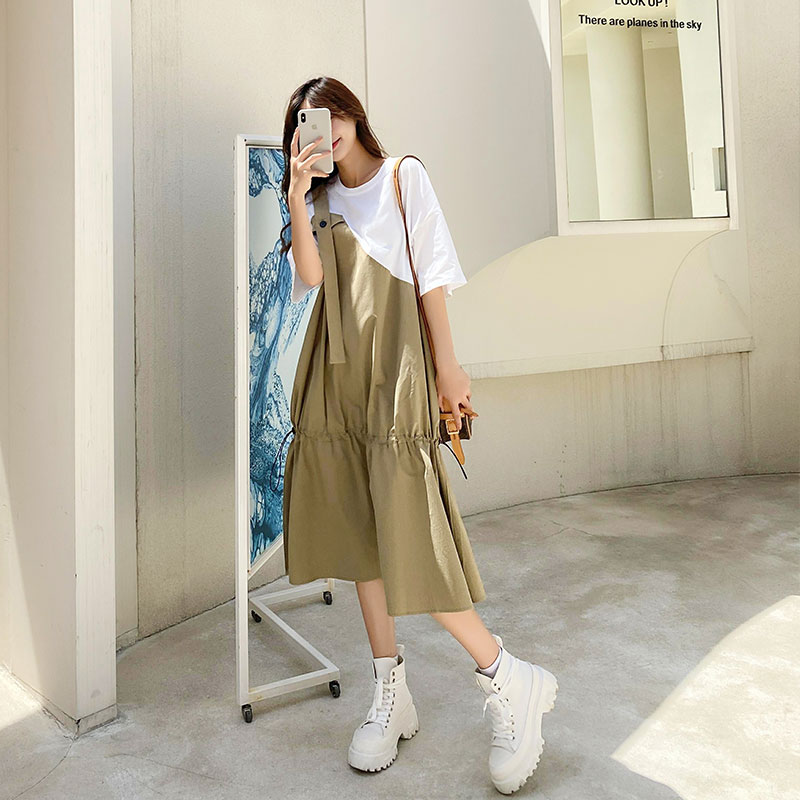 韩版宽松不规则工装连衣裙女2025夏季新款假两件休闲显瘦过膝长裙,女装连衣裙,唛多