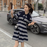 法式娃娃领条纹连衣裙女夏2024新款收腰t恤裙小个子显高设计感，女装连衣裙，唛多