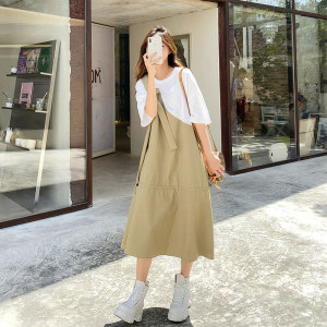 韩版宽松不规则工装连衣裙女2025夏季新款假两件休闲显瘦过膝长裙图片