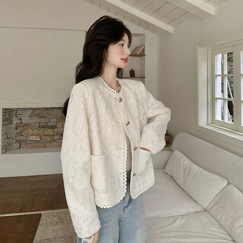 白色蕾丝小香风外套女2025春季新款法式超好看气质名媛高级感上衣,女装短外套,唛多