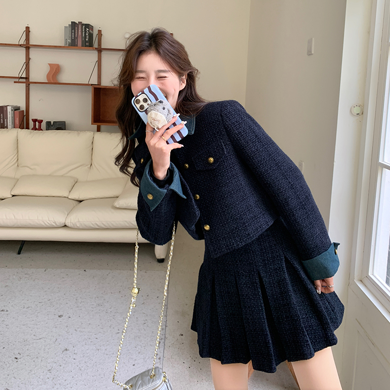 2025冬款现货藏青色牛仔拼接小香风套装#1111-P175-K258，女装套装/套裙，唛多