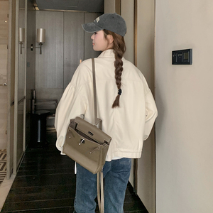 独特漂亮米白色工装皮衣短外套女春秋2025新款超好看酷飒夹克上衣图片