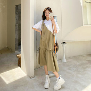 韩版宽松不规则工装连衣裙女2025夏季新款假两件休闲显瘦过膝长裙图片