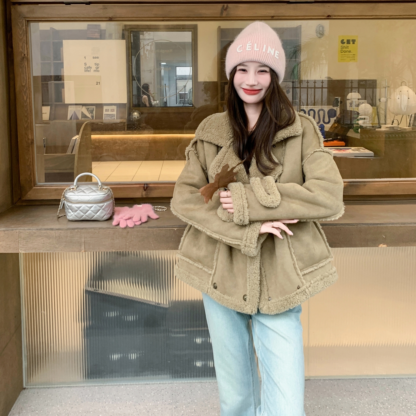 2025冬季新款现货设计感松绿色羊羔毛外套加厚#25181-P185-K278，女装皮草，唛多