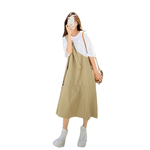 韩版宽松不规则工装连衣裙女2025夏季新款假两件休闲显瘦过膝长裙图片