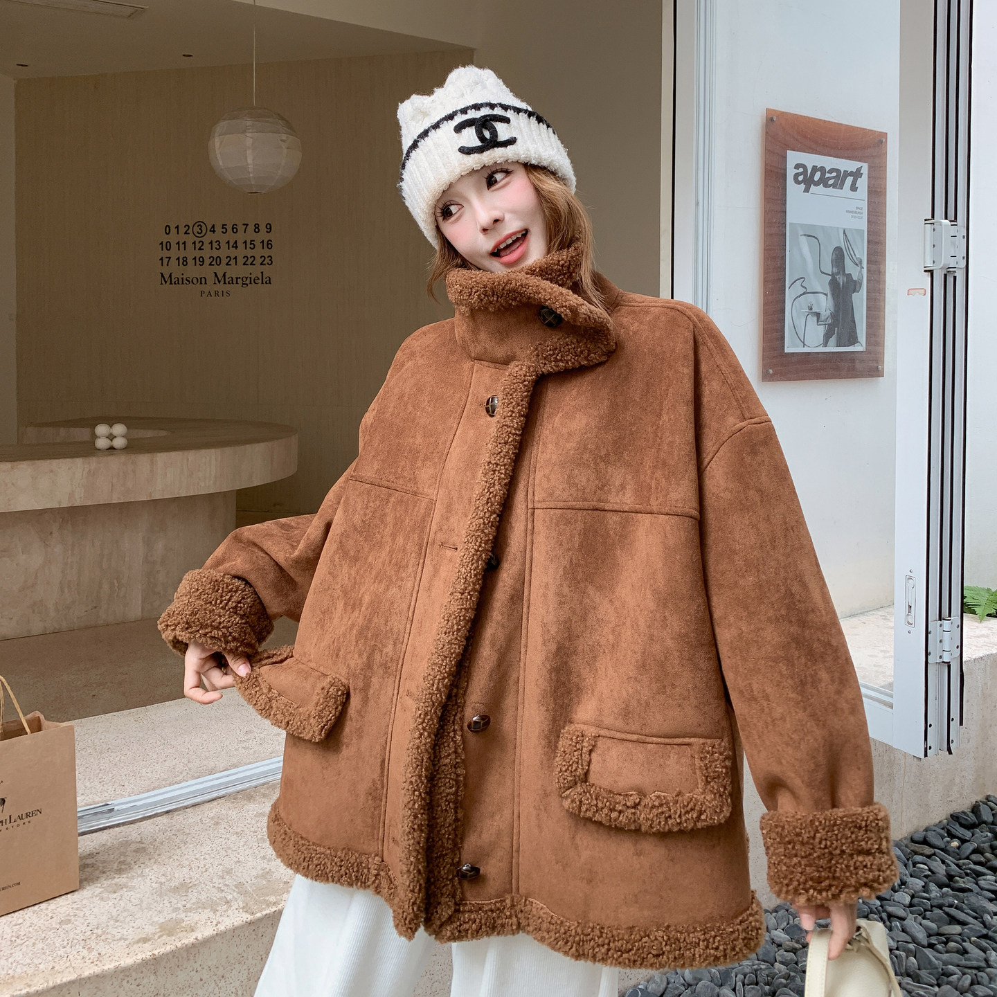 2025冬季新款现货加厚中长焦糖色羊羔毛外套#25225-P195-K288,女装皮草,唛多