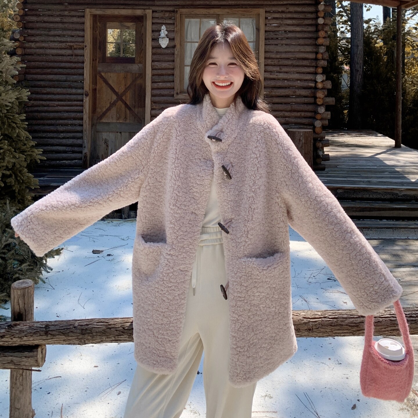2025冬季新款现货粉色毛茸茸慵懒感羊羔毛外套#25198-P195-k318,女装皮草,唛多