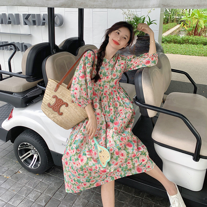 法式复古优雅泡泡袖连衣裙女2025春夏季新款收腰显瘦碎花度假长裙,女装连衣裙,唛多