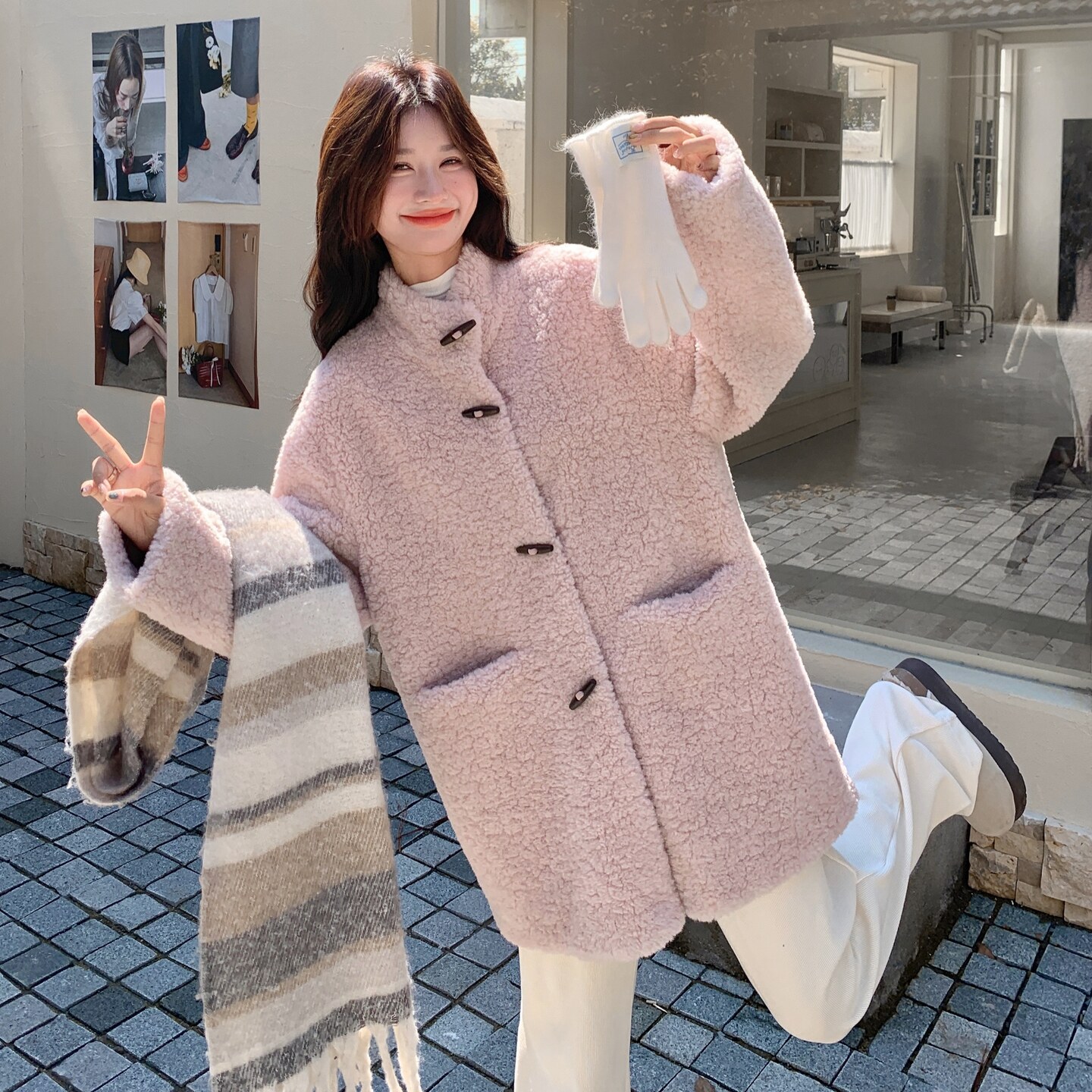 2025冬季新款现货粉色毛茸茸慵懒感羊羔毛外套#25198-P195-k318,女装皮草,唛多