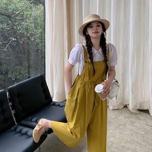 黄色收腰显瘦背带阔腿裤女2025夏季新款韩系小个子减龄宽松连体裤图片