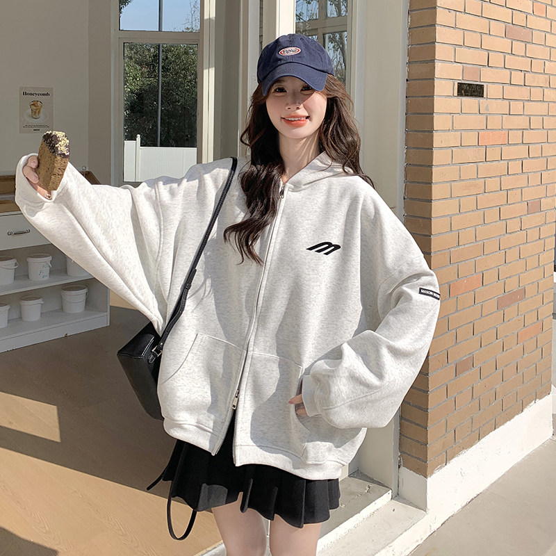 灰色休闲连帽卫衣外套女2025春季新款韩系学院风宽松减龄短款上衣,女装卫衣/绒衫,唛多