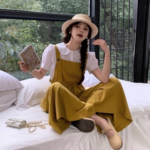 黄色收腰显瘦背带阔腿裤女2025夏季新款韩系小个子减龄宽松连体裤图片