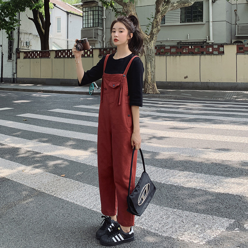 2026年春款现货简约减龄休闲小刺绣背带裤【2色#3102-P105-k158，女装休闲裤，唛多